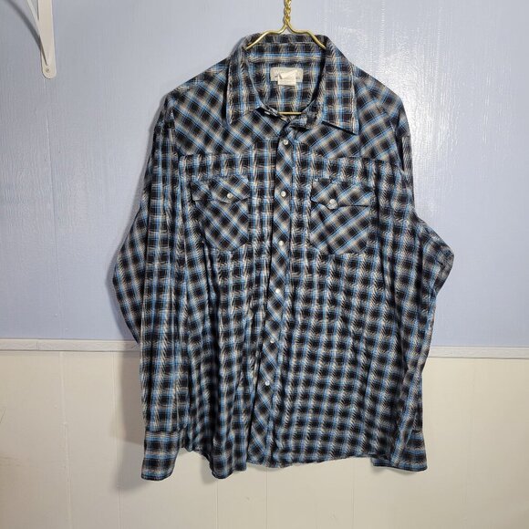Wrangler XXL Black Blue Checkered Plaid Button Front Longsleeve Casual Shirt - Picture 1 of 6